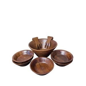 Burl Walnut 12.5" Salad Serving‎ Bowl Set with 5 Small Bowls Tongs